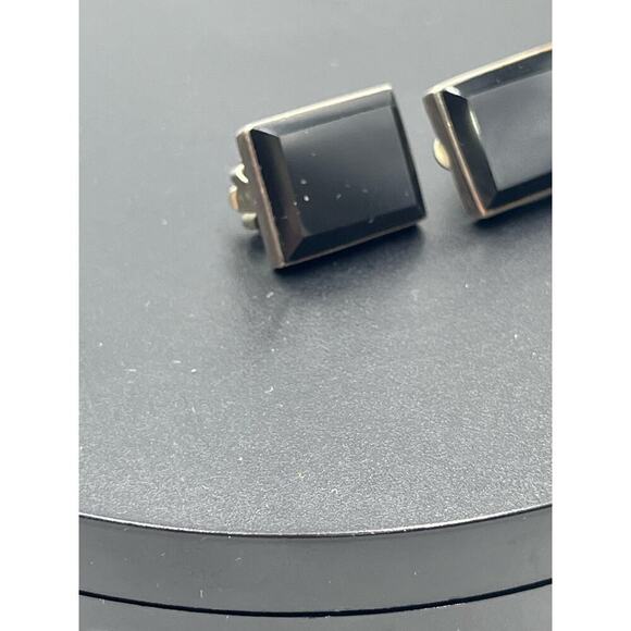 Rectangle Black Glass and 925 Mexico Sterling Silver Clip on Earrings - Picture 13 of 16